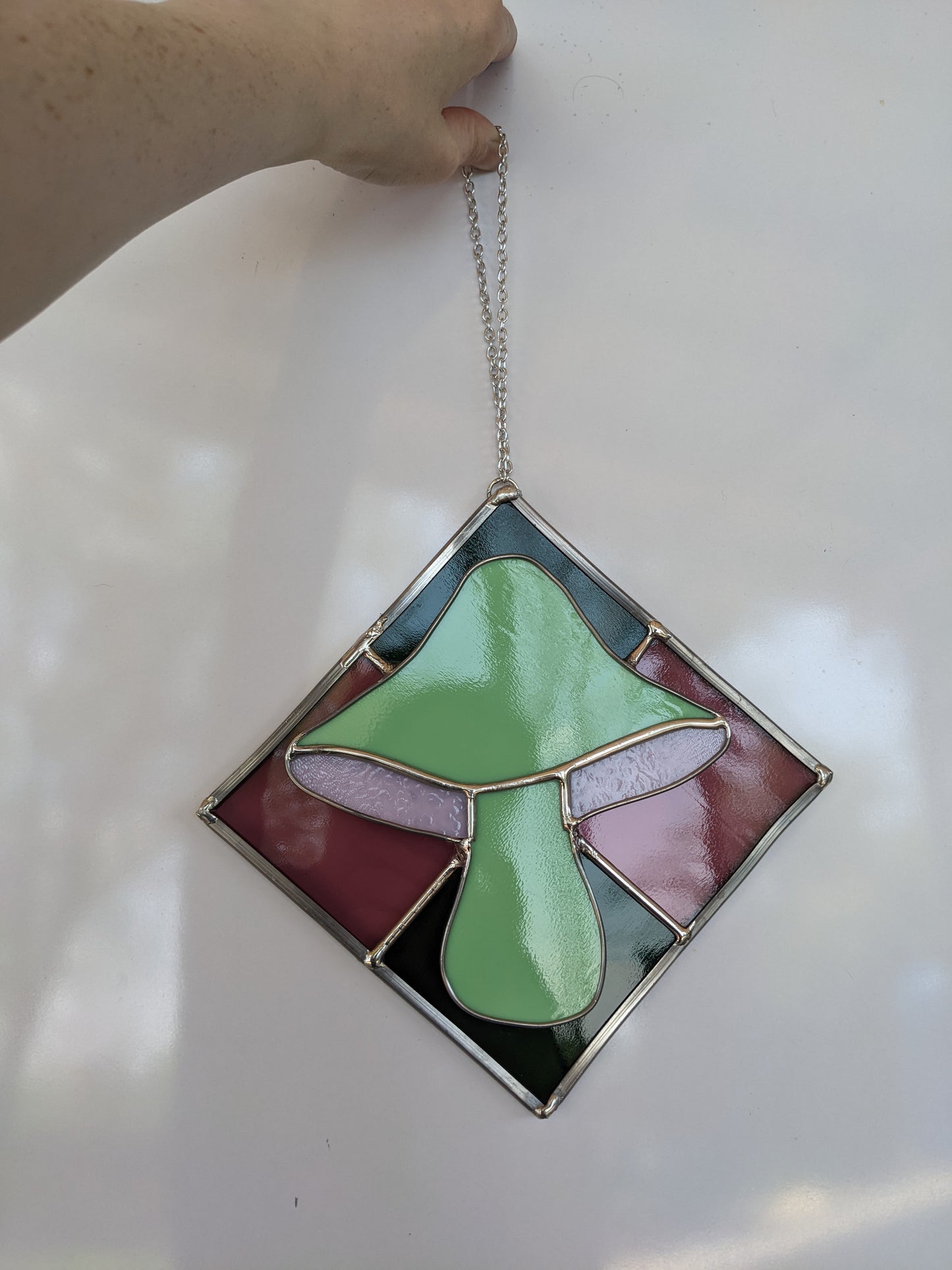 Retro Green & Pink 3D Mushroom - Stained Glass Suncatcher