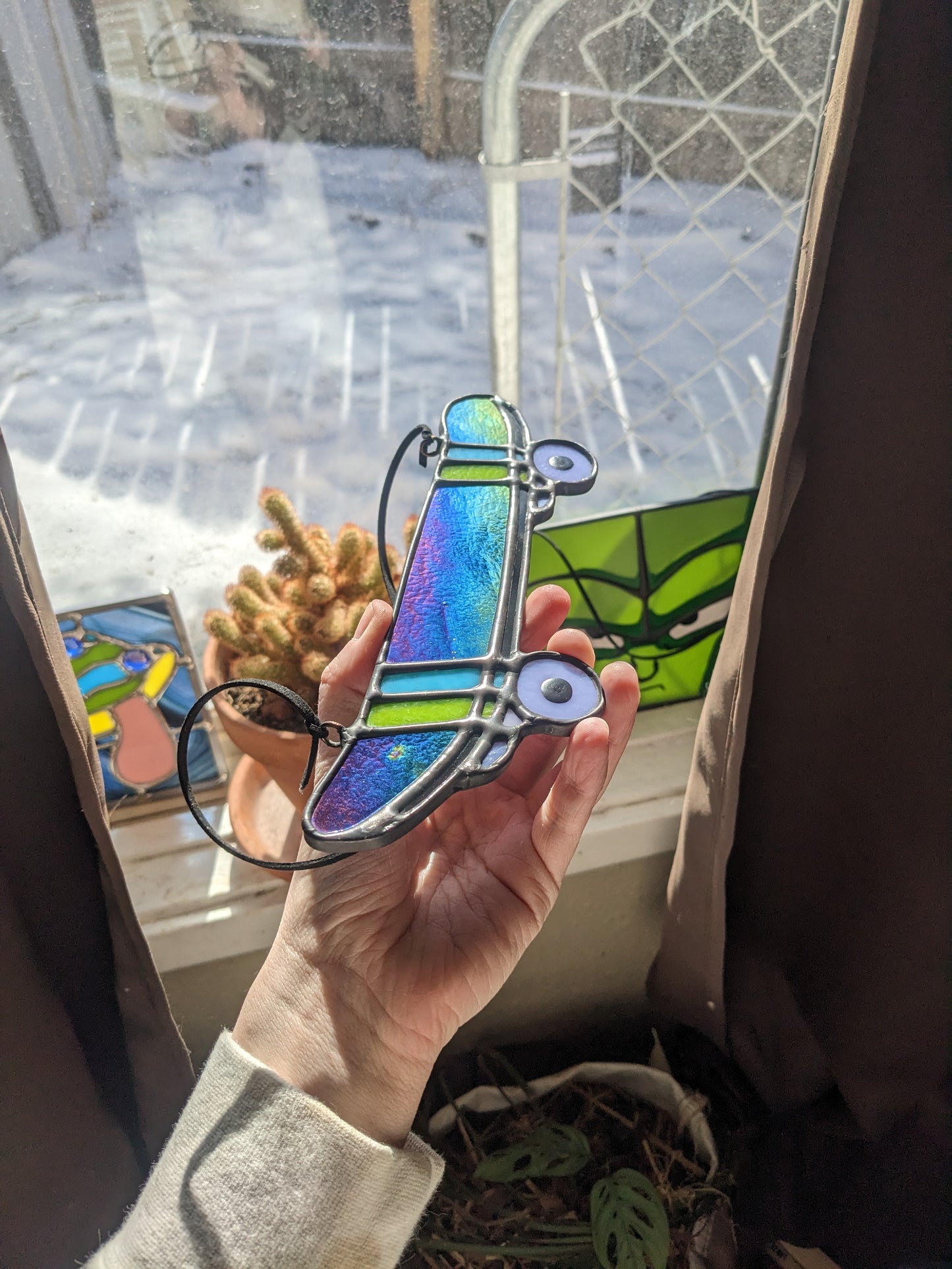 Black Iridescent Skateboard - Stained Glass Suncatcher