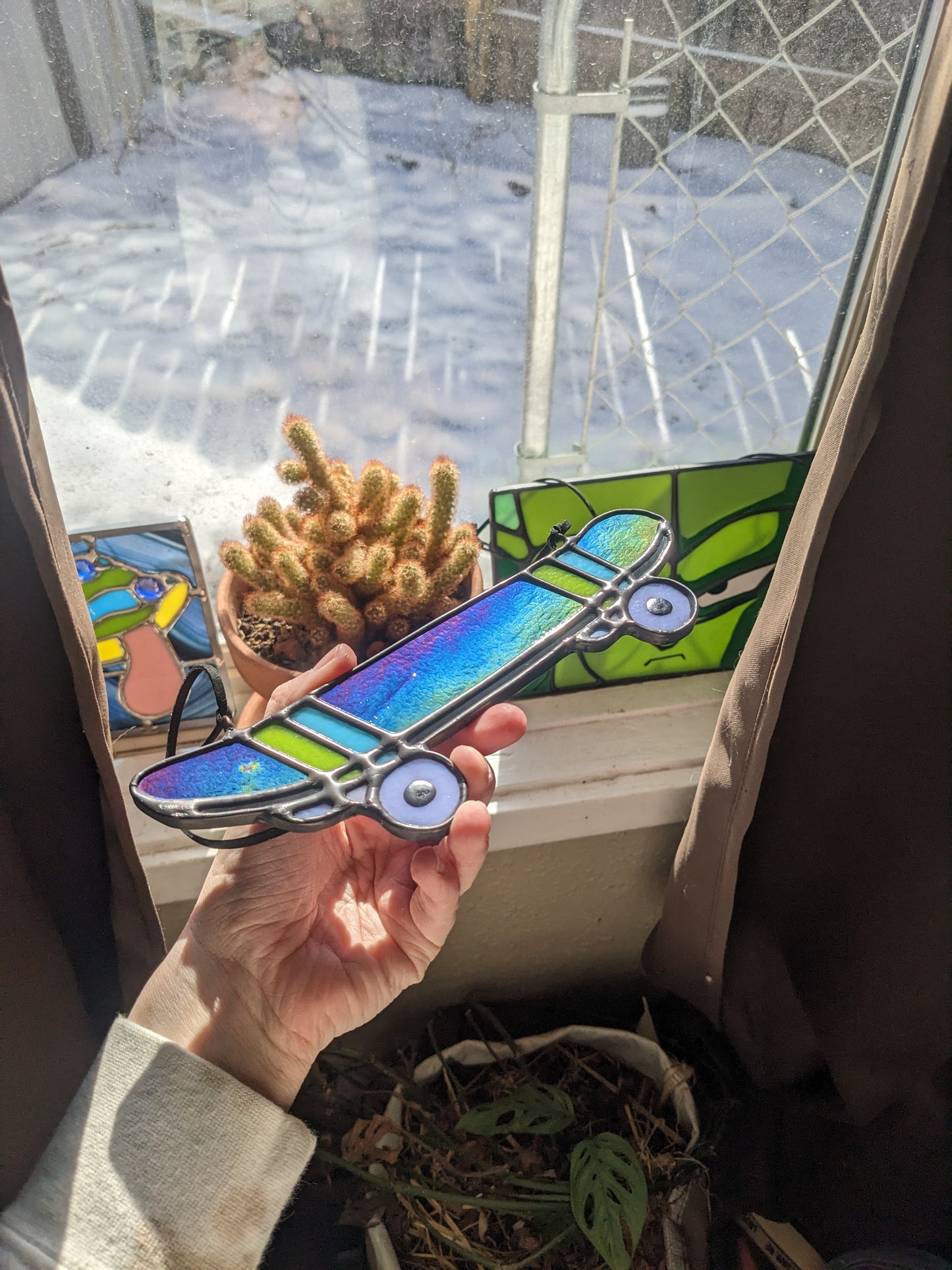 Black Iridescent Skateboard - Stained Glass Suncatcher