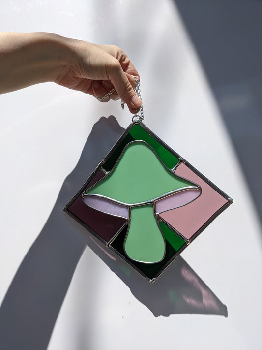 Retro Green & Pink 3D Mushroom - Stained Glass Suncatcher