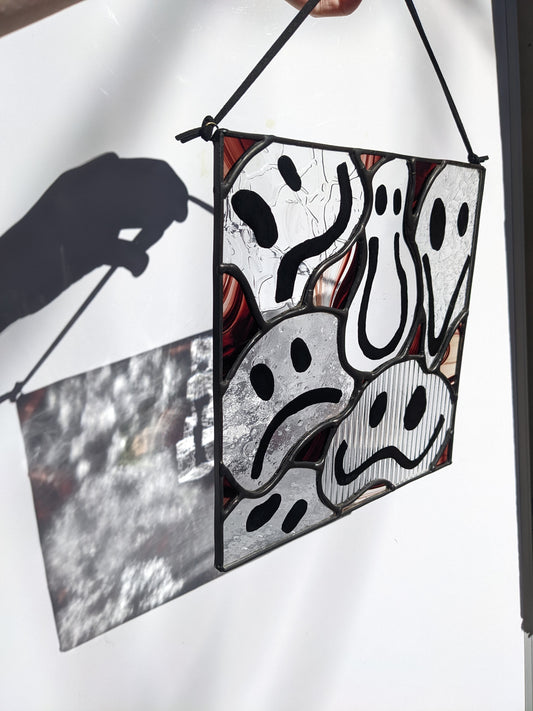 Red & Clear Drippy Face - Stained Glass Suncatcher