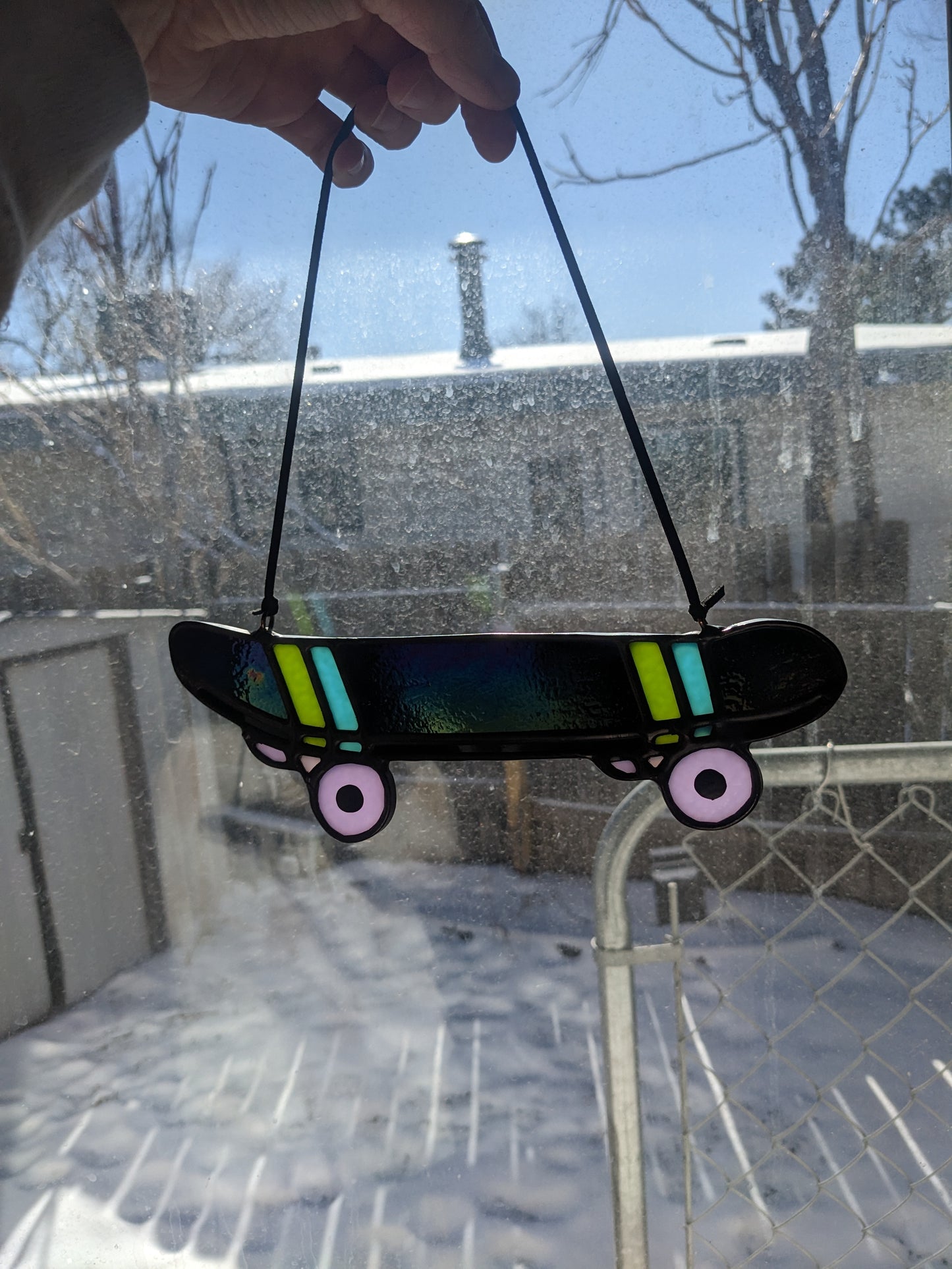 Black Iridescent Skateboard - Stained Glass Suncatcher
