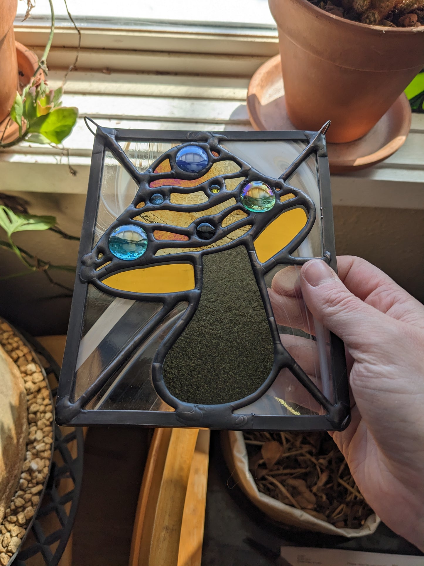 Black & Gold Galaxy Mushroom - Stained Glass Panel